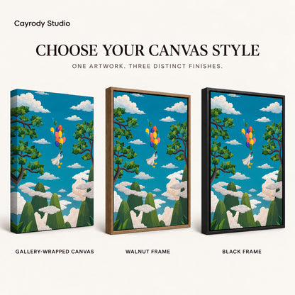 balloon goose journey canvas art compared across gallery-wrapped canvas, walnut frame, and black frame finishes.