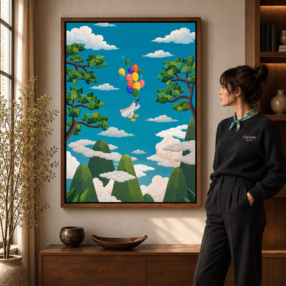 balloon goose journey canvas art shown in the walnut frame option within a warm living room.