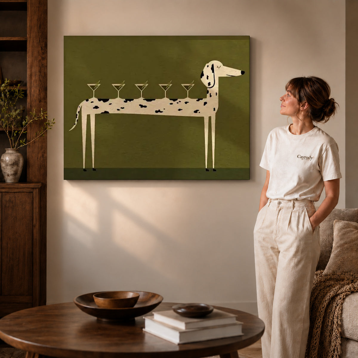 cocktail canine balance canvas art on gallery-wrapped canvas with visible edge depth beside a standing woman.