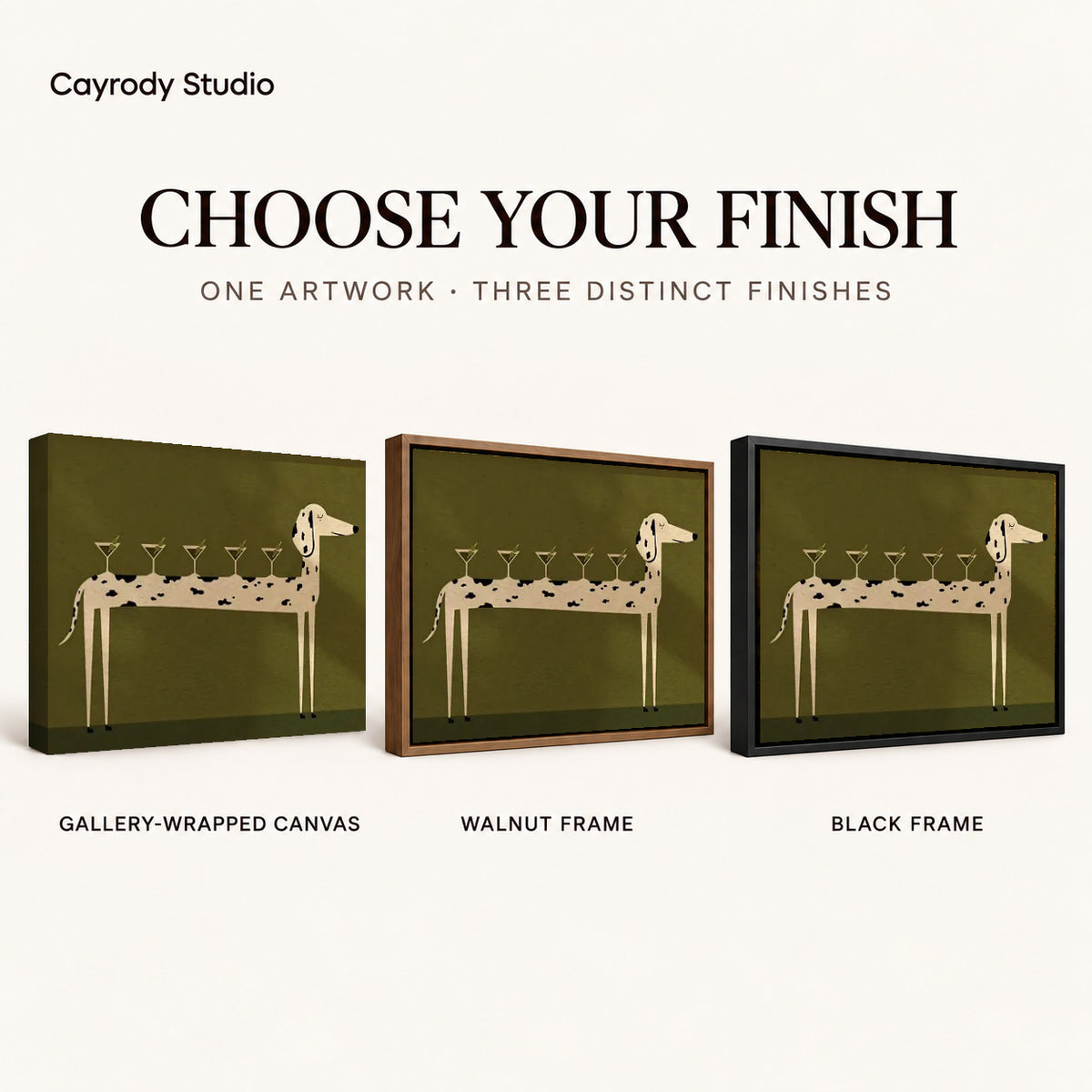 cocktail canine balance canvas art compared across gallery-wrapped canvas, walnut frame, and black frame finishes.