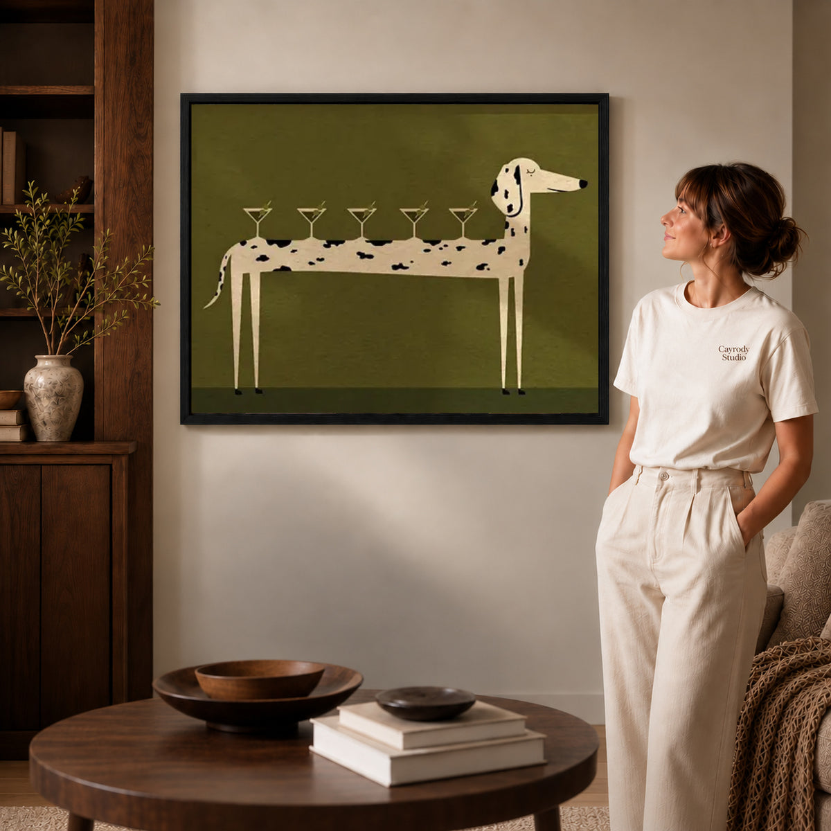 cocktail canine balance canvas art shown in the black frame option against a softly lit wall.