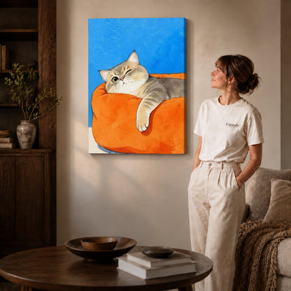 winking armchair cat canvas art on gallery-wrapped canvas with natural edge shading beside a standing woman.