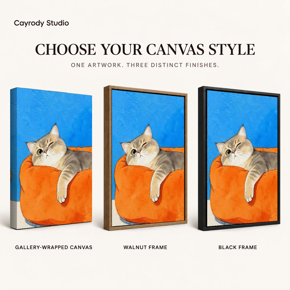 winking armchair cat canvas art compared across gallery-wrapped canvas, walnut frame, and black frame finishes.