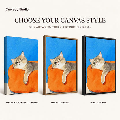 winking armchair cat canvas art compared across gallery-wrapped canvas, walnut frame, and black frame finishes.