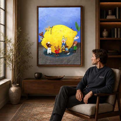little lemon workshop canvas art in a walnut frame above a console beside a seated man.