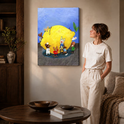 little lemon workshop canvas art on gallery-wrapped canvas with natural edge shading beside a standing woman.