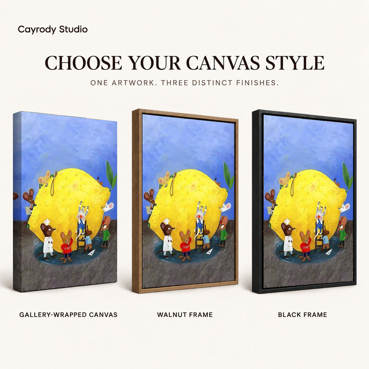 little lemon workshop canvas art compared across gallery-wrapped canvas, walnut frame, and black frame finishes.