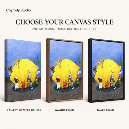 little lemon workshop canvas art compared across gallery-wrapped canvas, walnut frame, and black frame finishes.