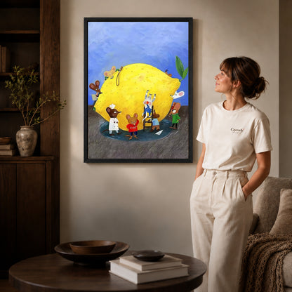 little lemon workshop canvas art shown in the black frame option against a softly lit wall.