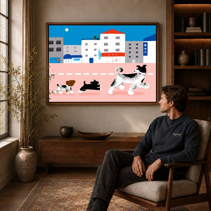 city dog parade canvas art in a walnut frame above a console beside a seated man.