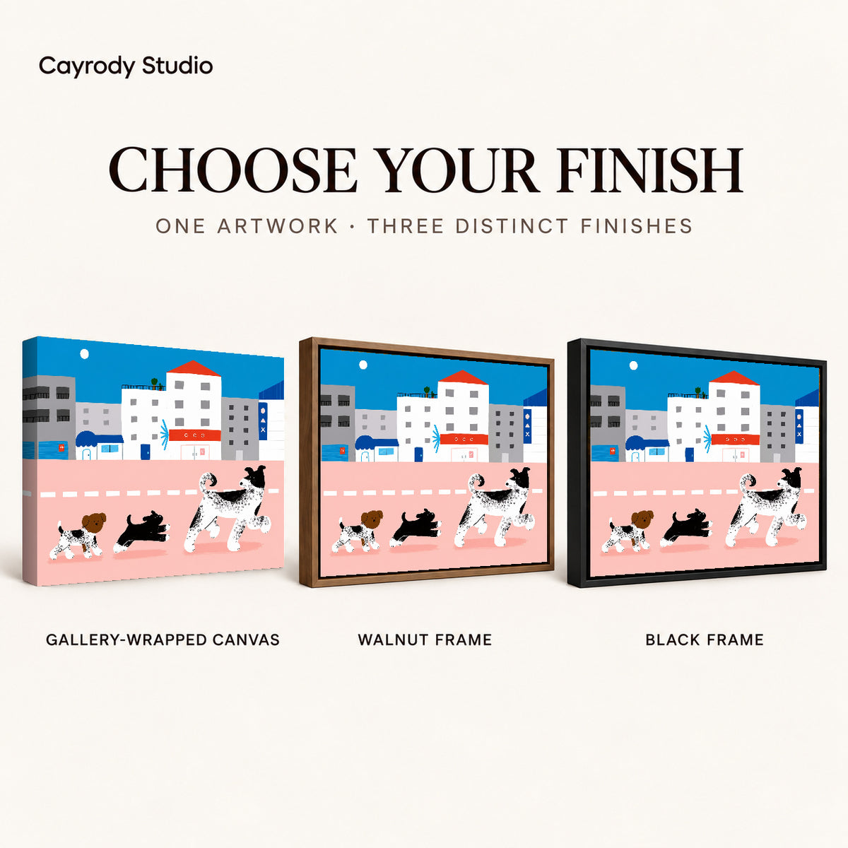 city dog parade canvas art compared across gallery-wrapped canvas, walnut frame, and black frame finishes.