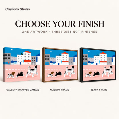 city dog parade canvas art compared across gallery-wrapped canvas, walnut frame, and black frame finishes.