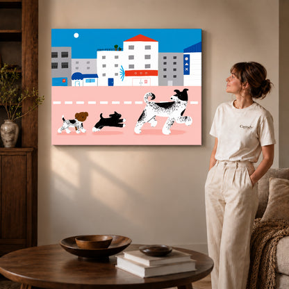 city dog parade canvas art shown in the gallery-wrapped option with natural side shading and warm surroundings.