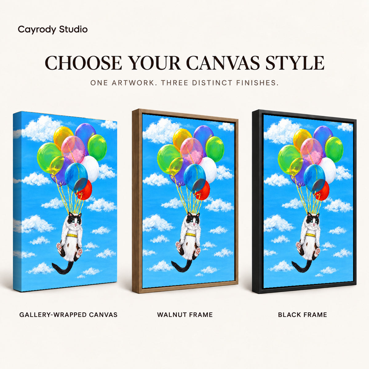 balloon cat adventure canvas art compared across gallery-wrapped canvas, walnut frame, and black frame finishes.
