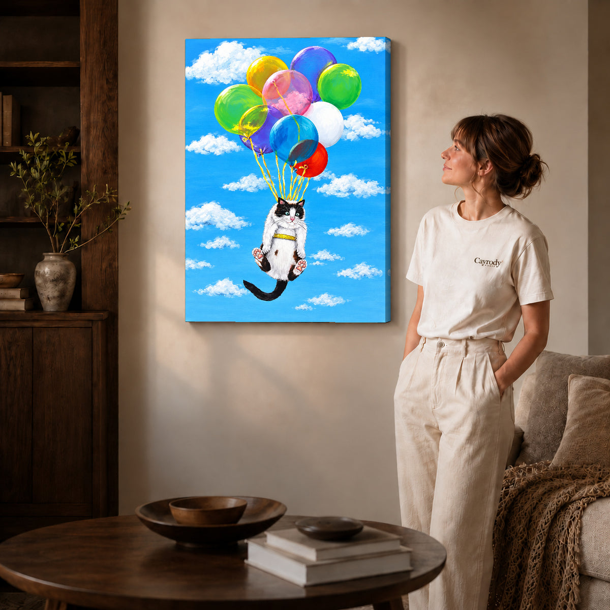 balloon cat adventure canvas art shown in the gallery-wrapped option with visible depth and warm surroundings.