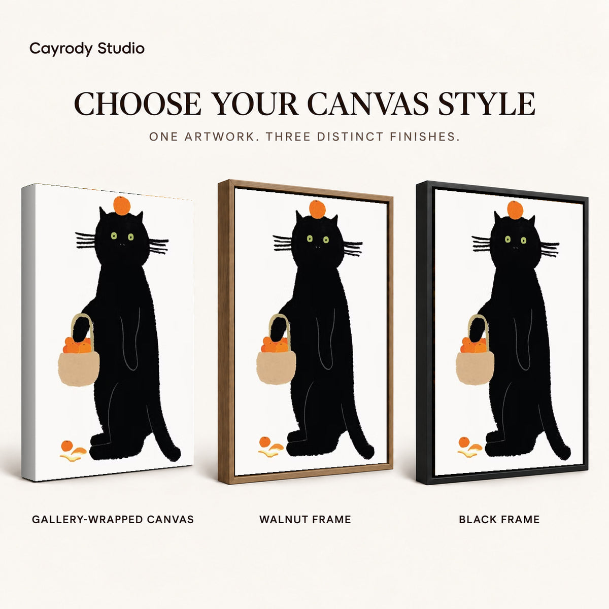 orange basket cat canvas art compared across gallery-wrapped canvas, walnut frame, and black frame finishes.