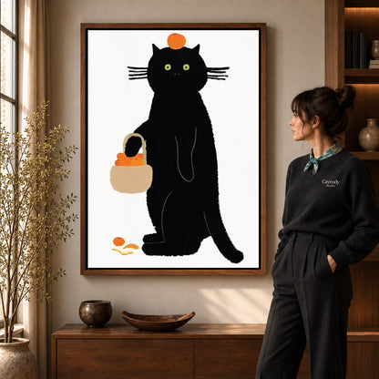 orange basket cat canvas art shown in the walnut frame option within a warm living room.