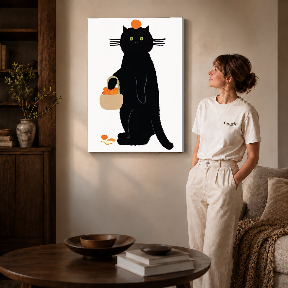 orange basket cat canvas art shown in the gallery-wrapped option with visible depth and warm surroundings.