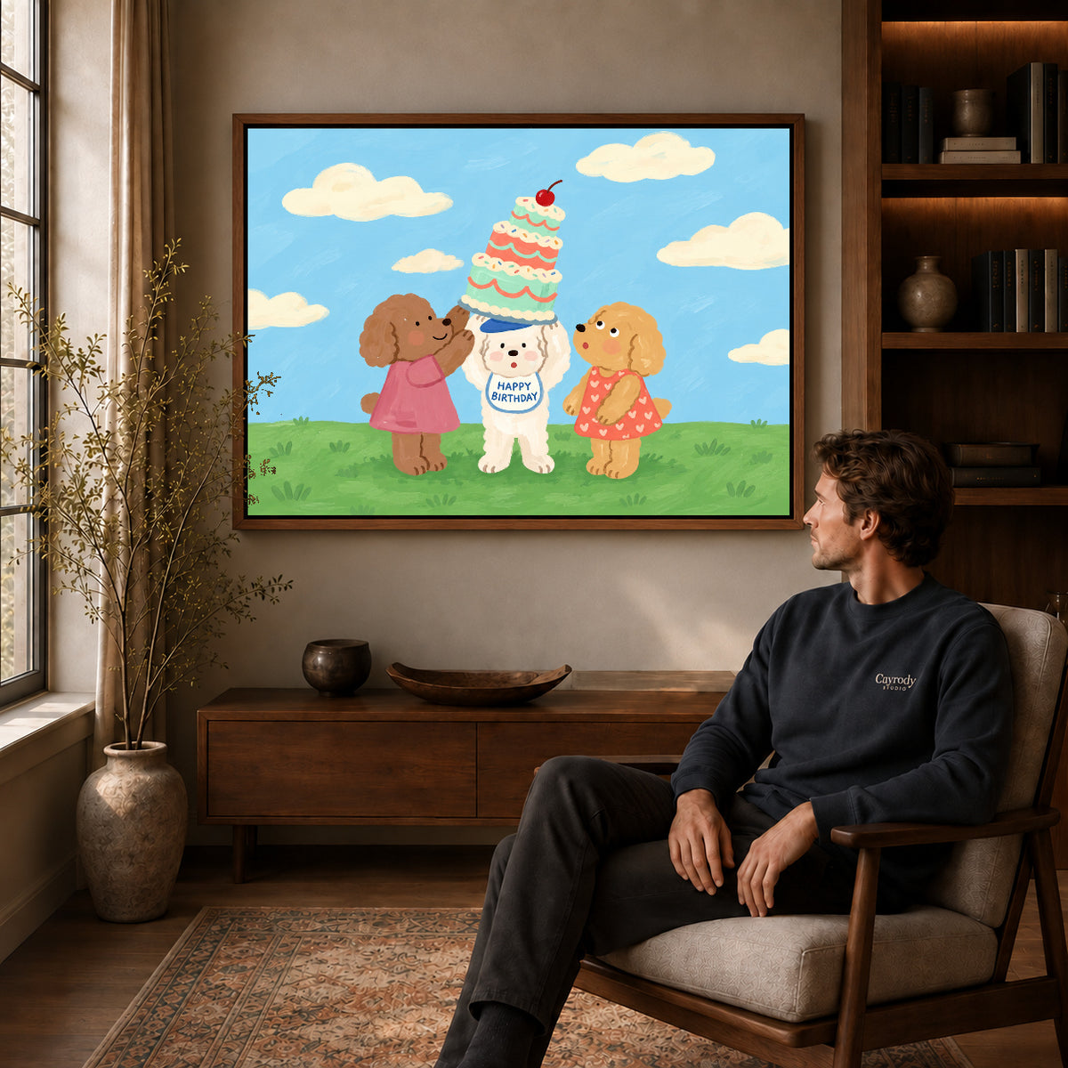birthday dog celebration canvas art in a walnut frame above a console beside a seated man.