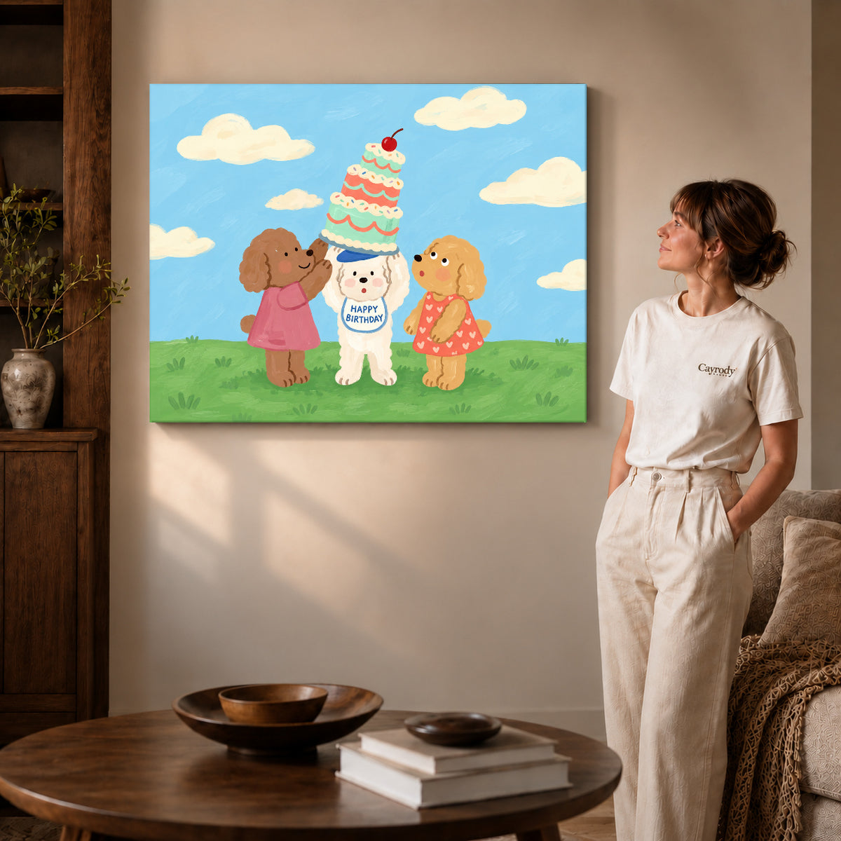 birthday dog celebration canvas art on gallery-wrapped canvas with visible edge depth beside a standing woman.