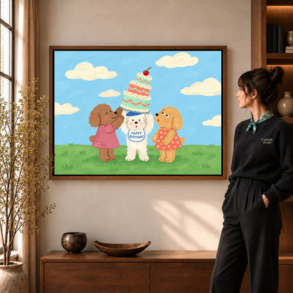 birthday dog celebration canvas art shown in the walnut frame option within a warm living room.