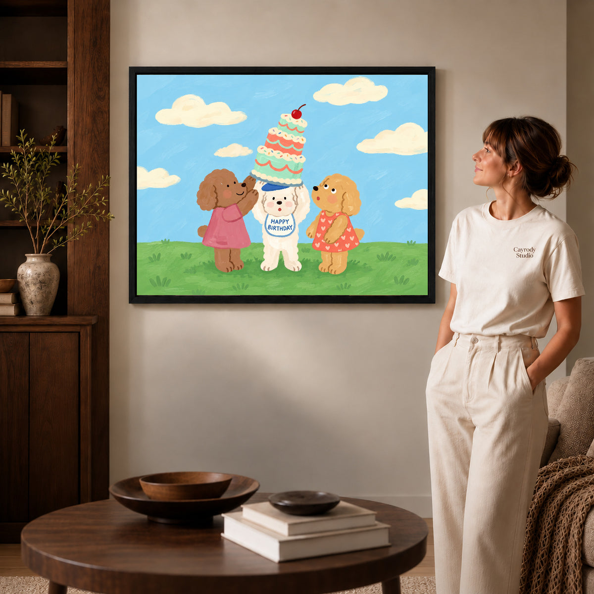 birthday dog celebration canvas art shown in the black frame option against a softly lit wall.