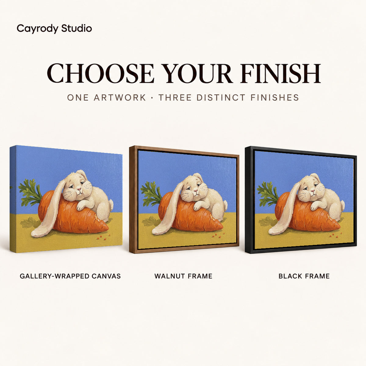 carrot cuddle rabbit canvas art compared across gallery-wrapped canvas, walnut frame, and black frame finishes.