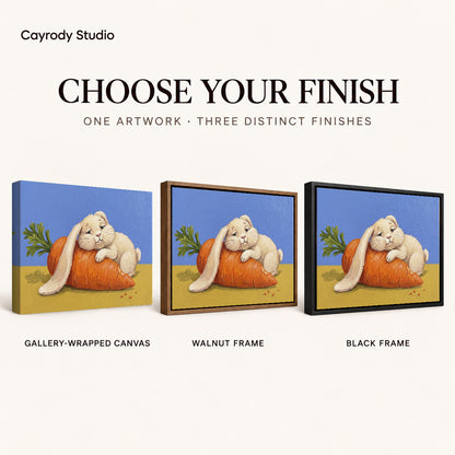 carrot cuddle rabbit canvas art compared across gallery-wrapped canvas, walnut frame, and black frame finishes.
