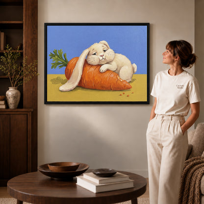 carrot cuddle rabbit canvas art shown in the black frame option against a softly lit wall.
