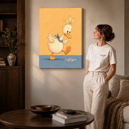 puddle step duck canvas art on gallery-wrapped canvas with natural edge shading beside a standing woman.