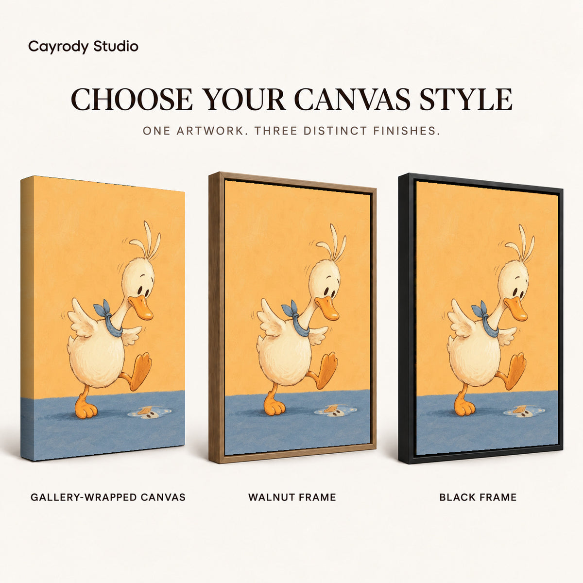 puddle step duck canvas art compared across gallery-wrapped canvas, walnut frame, and black frame finishes.