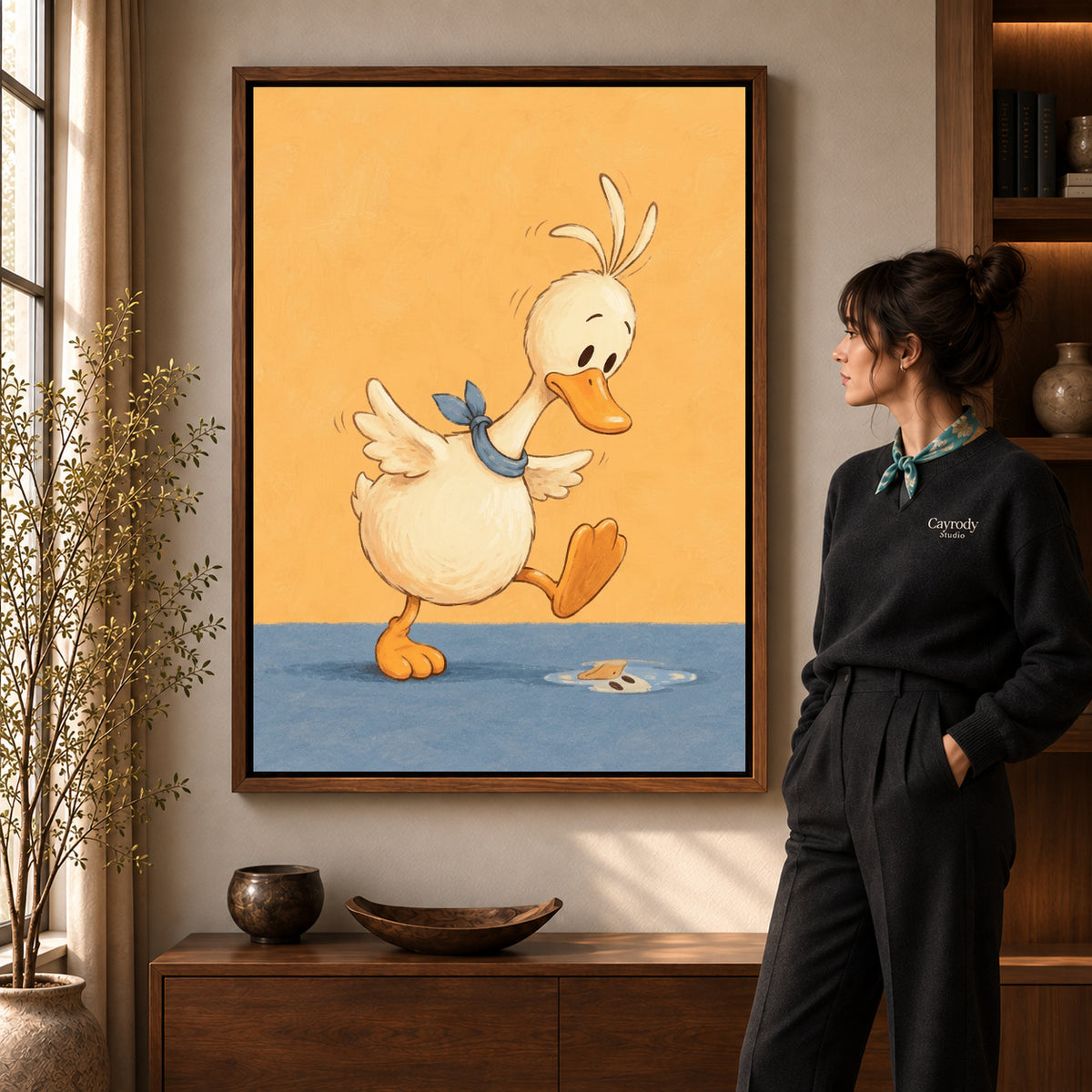 puddle step duck canvas art shown in the walnut frame option within a warm living room.