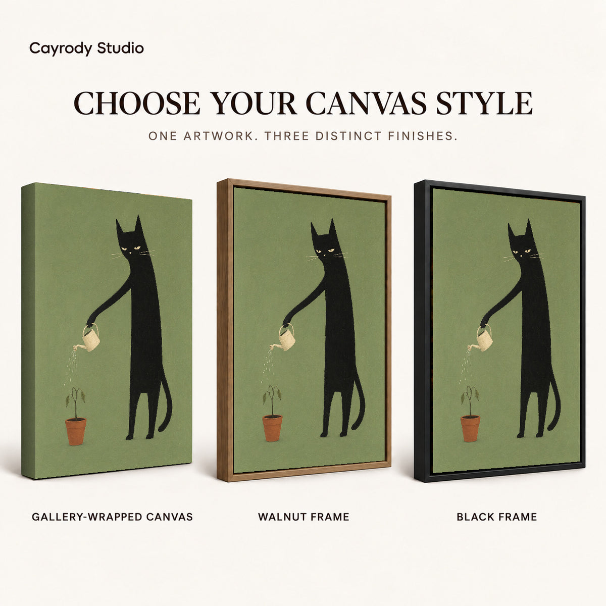 reluctant garden cat canvas art compared across gallery-wrapped canvas, walnut frame, and black frame finishes.