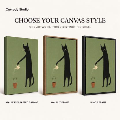 reluctant garden cat canvas art compared across gallery-wrapped canvas, walnut frame, and black frame finishes.