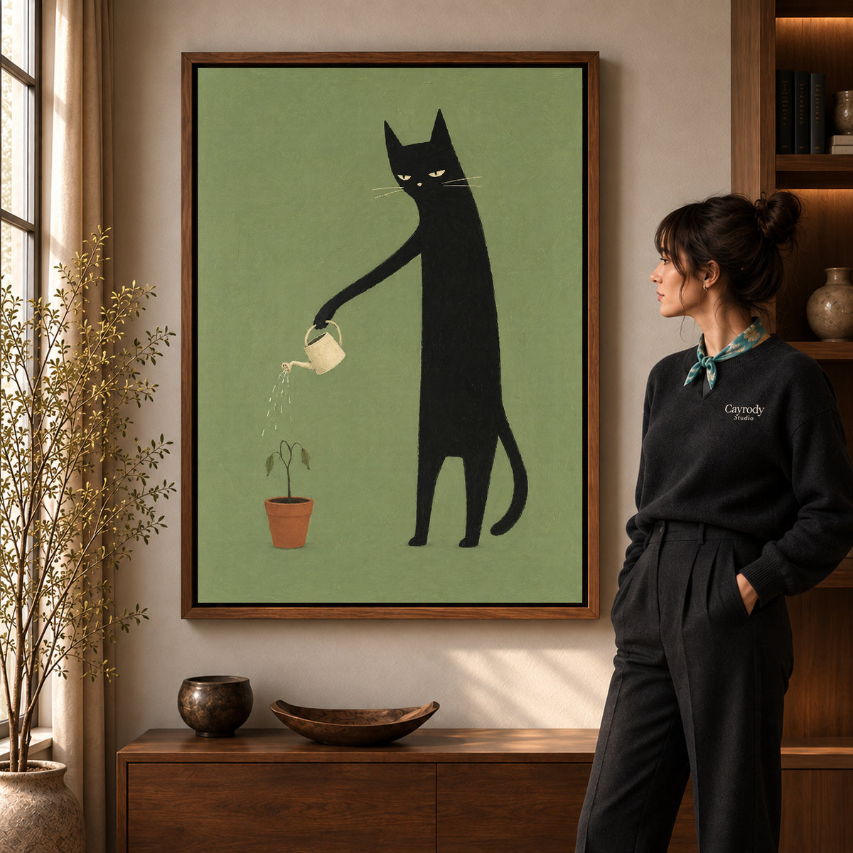 reluctant garden cat canvas art shown in the walnut frame option within a warm living room.