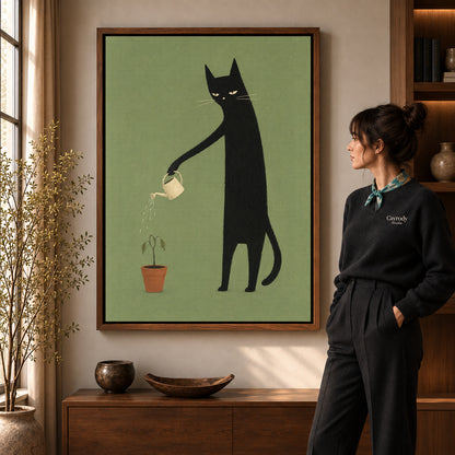 reluctant garden cat canvas art shown in the walnut frame option within a warm living room.