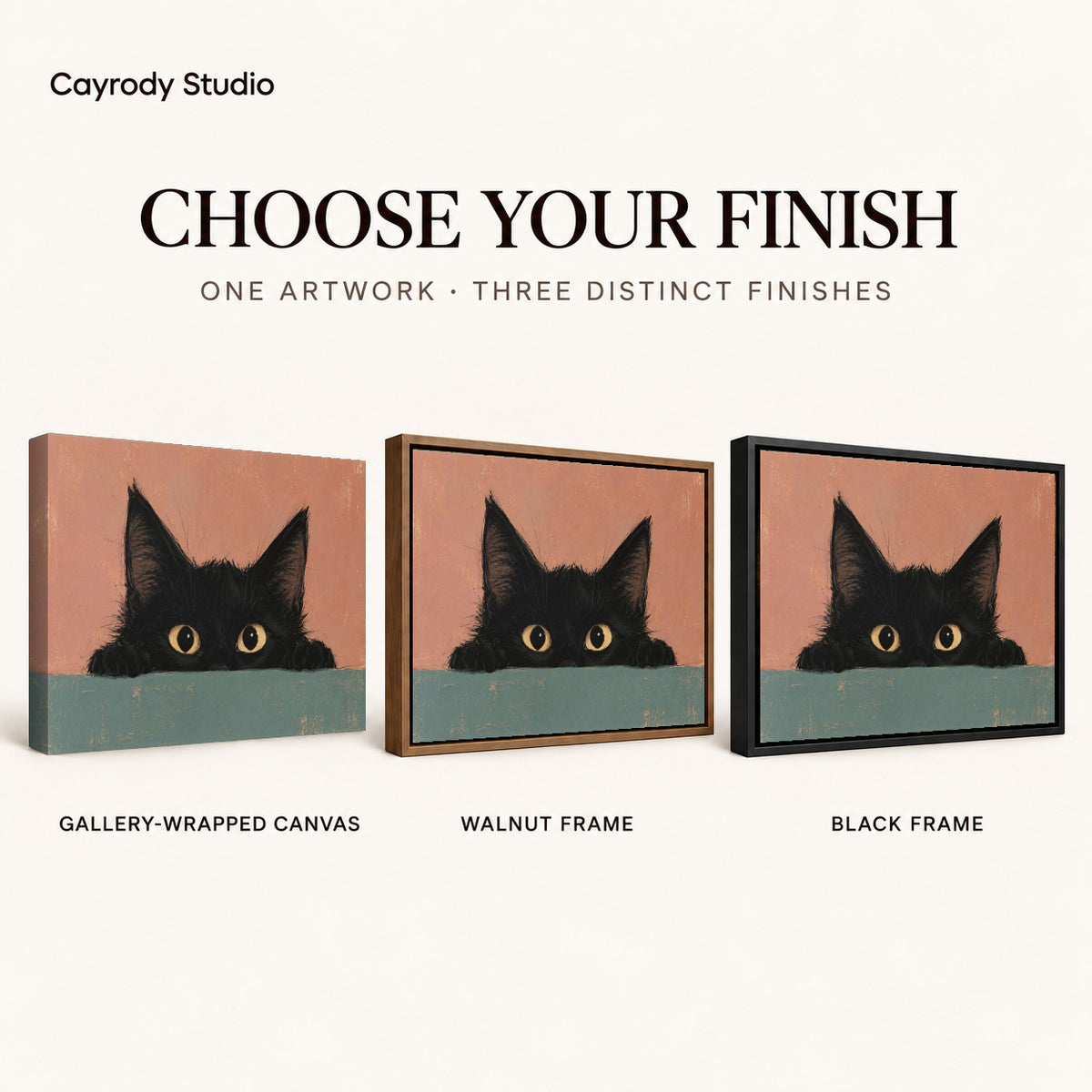 curious peeking kitten canvas art compared across gallery-wrapped canvas, walnut frame, and black frame finishes.