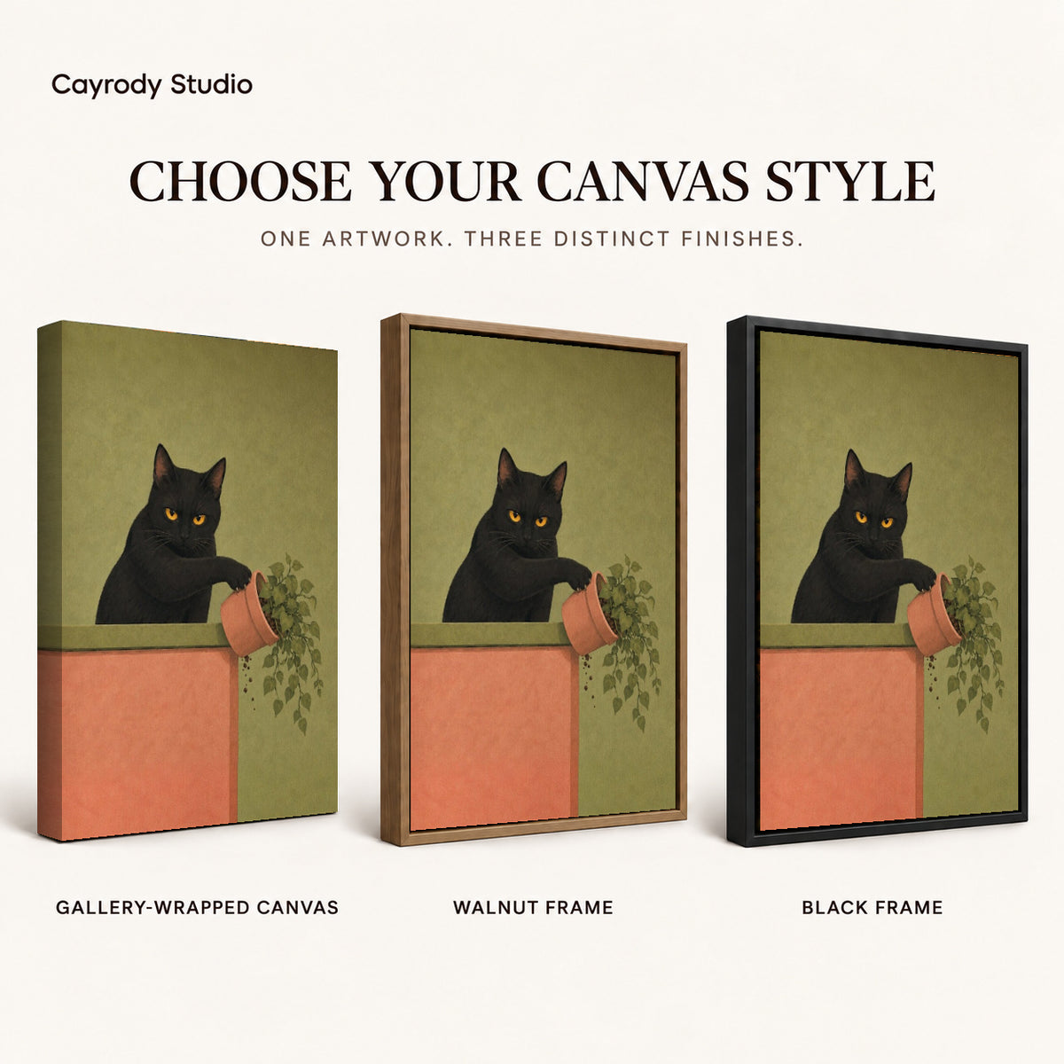 mischievous plant cat canvas art compared across gallery-wrapped canvas, walnut frame, and black frame finishes.