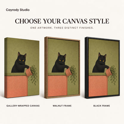 mischievous plant cat canvas art compared across gallery-wrapped canvas, walnut frame, and black frame finishes.