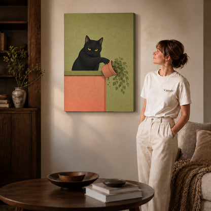 mischievous plant cat canvas art shown in the gallery-wrapped option with visible depth and warm surroundings.