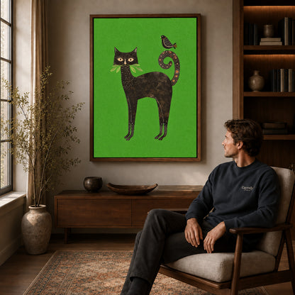folk garden companions canvas art in a walnut frame above a console beside a seated man.