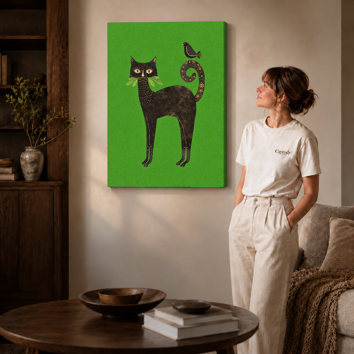 folk garden companions canvas art on gallery-wrapped canvas with natural edge shading beside a standing woman.