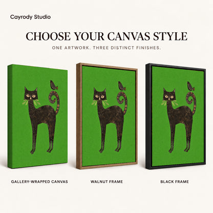 folk garden companions canvas art compared across gallery-wrapped canvas, walnut frame, and black frame finishes.