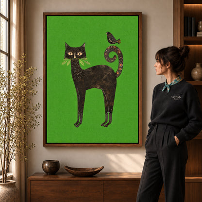 folk garden companions canvas art shown in the walnut frame option within a warm living room.