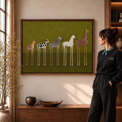 cocktail animal parade canvas art in a walnut frame beside a standing woman and wooden console.