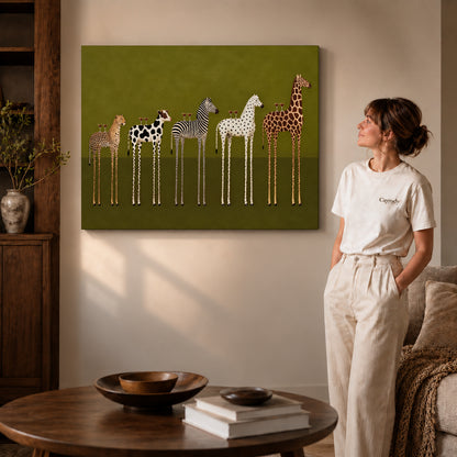 cocktail animal parade canvas art on gallery-wrapped canvas with visible edge depth beside a standing woman.