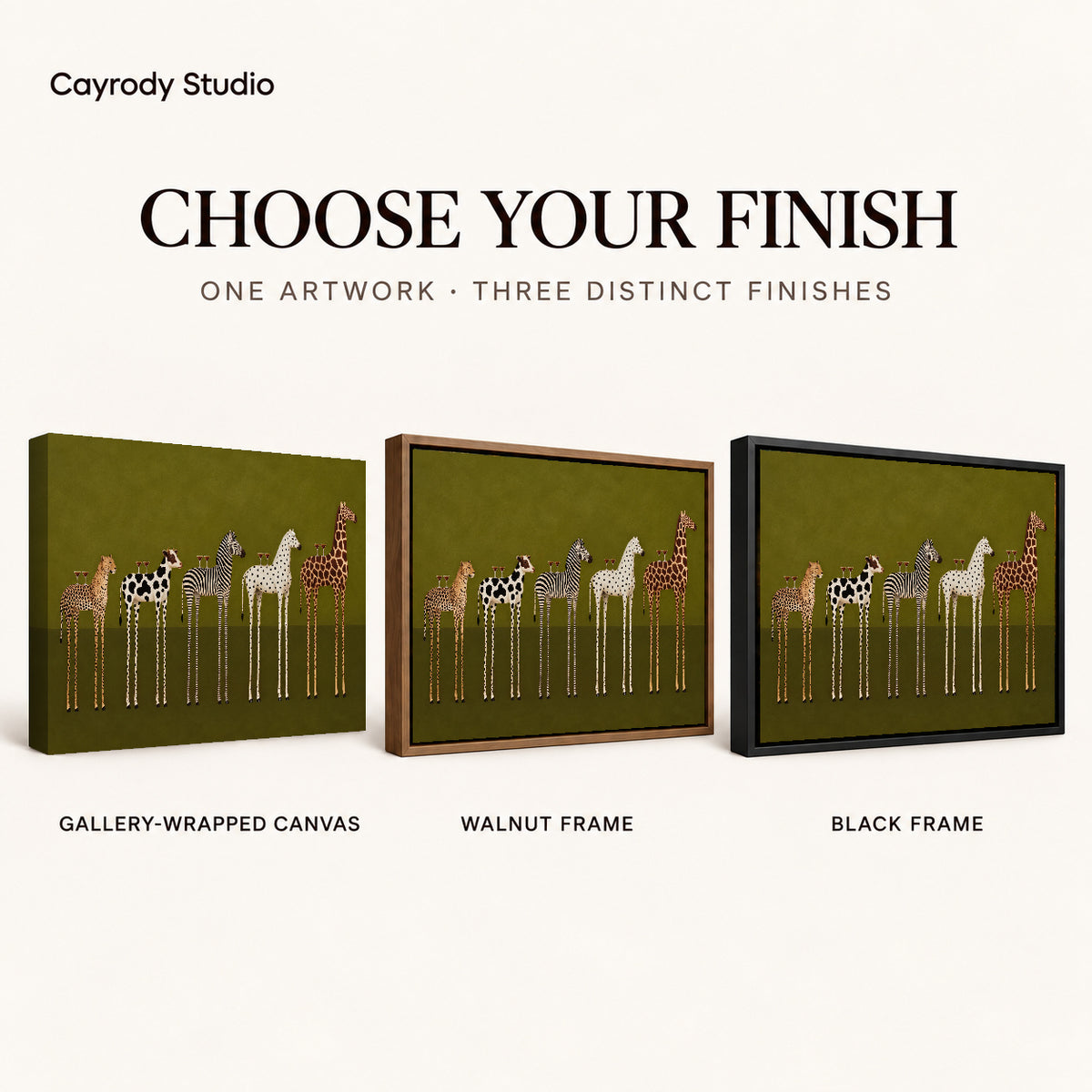 cocktail animal parade canvas art compared across gallery-wrapped canvas, walnut frame, and black frame finishes.