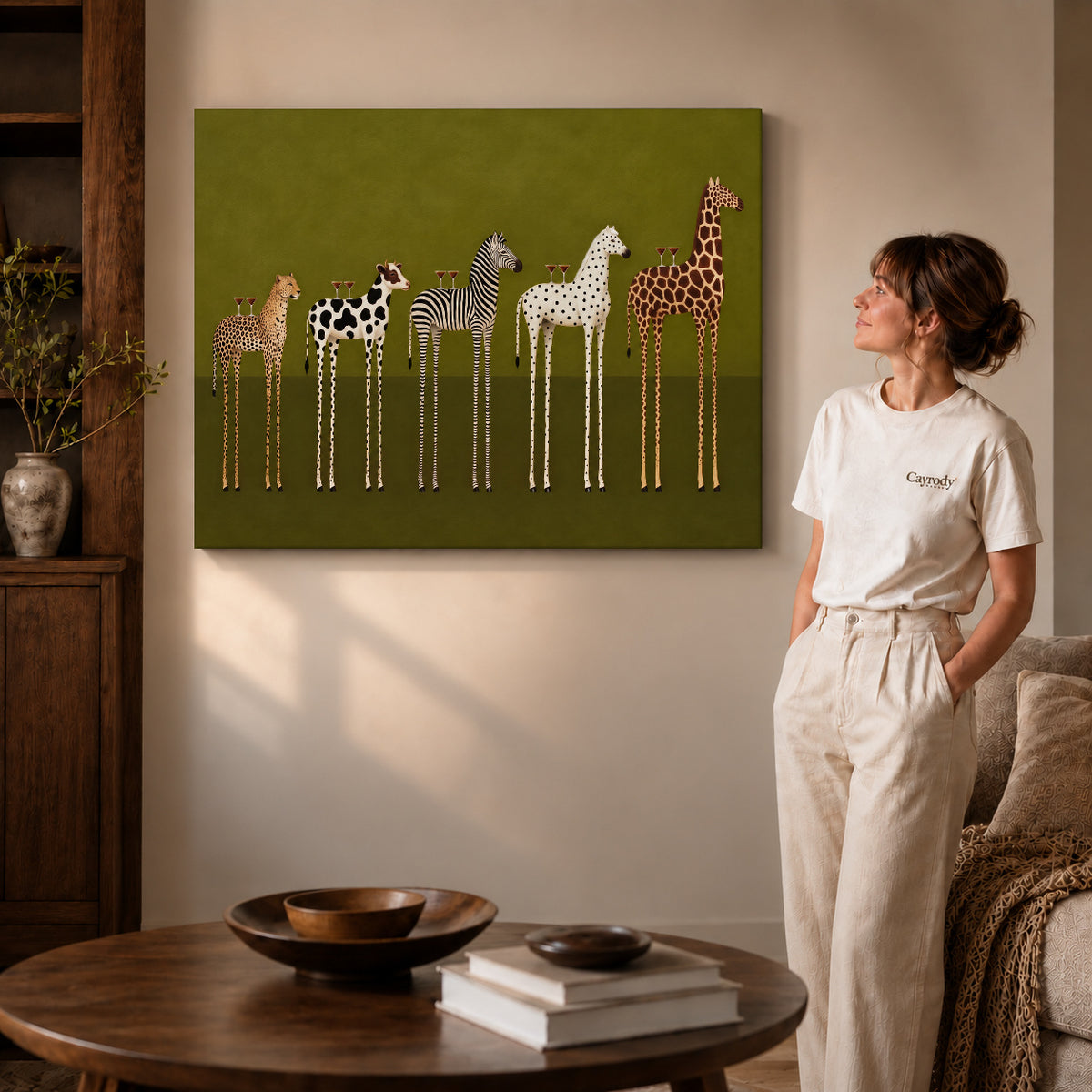 cocktail animal parade canvas art shown in the gallery-wrapped option with natural side shading and warm surroundings.