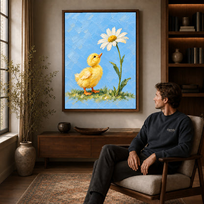 duckling daisy wonder canvas art in a walnut frame above a console beside a seated man.