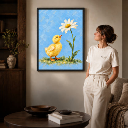 duckling daisy wonder canvas art in a black frame beside a woman and round wooden table.